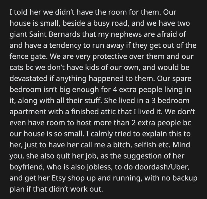 OP told her sister that she and her husband didn't have a room in their house for their family to move in. They have two large dogs and cats in a small two-bedroom house. They were at capacity.
