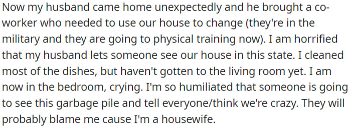 OP's husband unexpectedly brought a coworker home, and she is embarrassed about the state of their home.