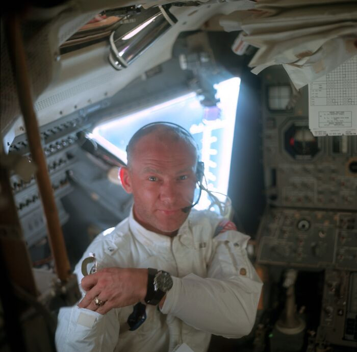 "Astronaut Edwin E. Aldrin Jr., Lunar Module Pilot, Works Inside The Lunar Module LM"