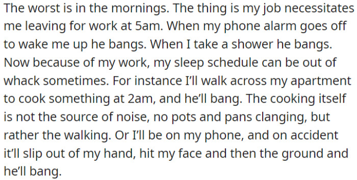 Mornings are a struggle as the neighbor consistently bangs while OP gets ready for work.