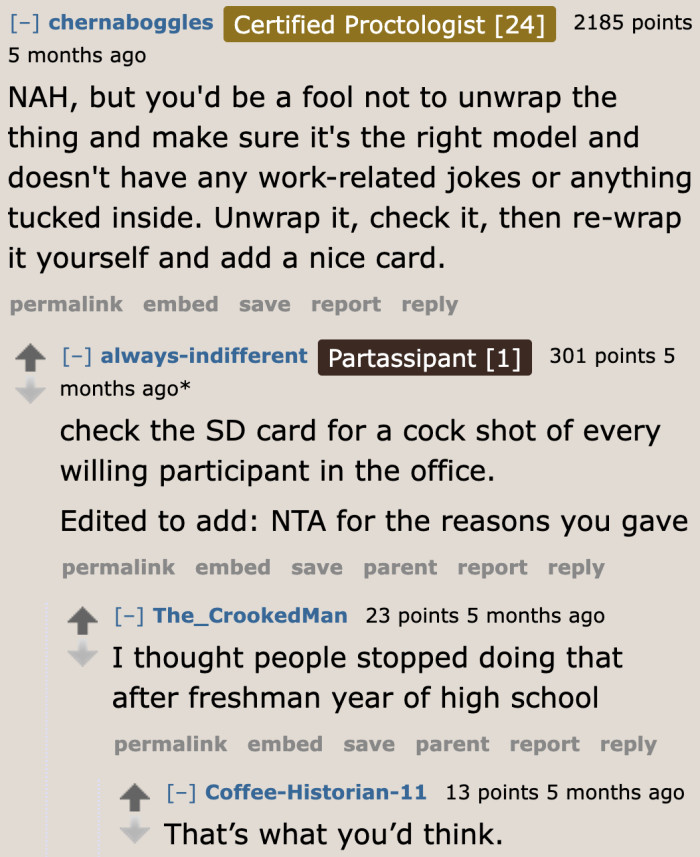 Unlike the OP's friends, the folks on Reddit think passing on the gift to his significant other doesn't make him an a-hole.