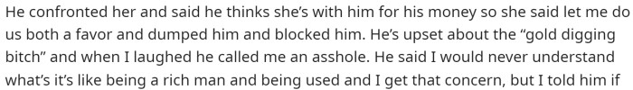Essentially, his girlfriend broke up with him since he thought that about her. But his response to his sibling is ridiculous.