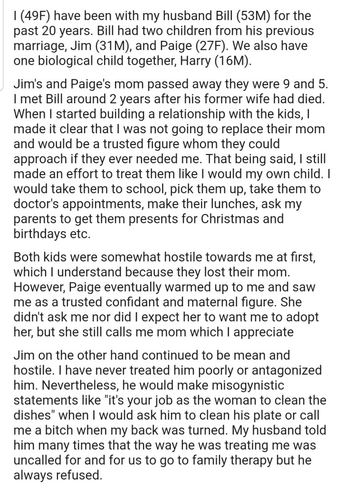 OP had to deal with her stepkids being mean to her for years. Her stepdaughter eventually warmed up to her, but her stepson continued to be mean and hostile.
