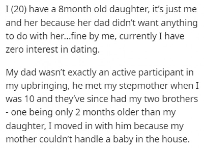 OP is a 20-year-old single mother of an 8-month-old girl
