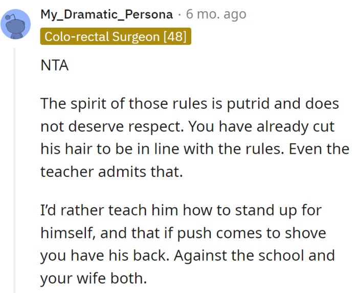 Against school and wife? Backing him up all the way.