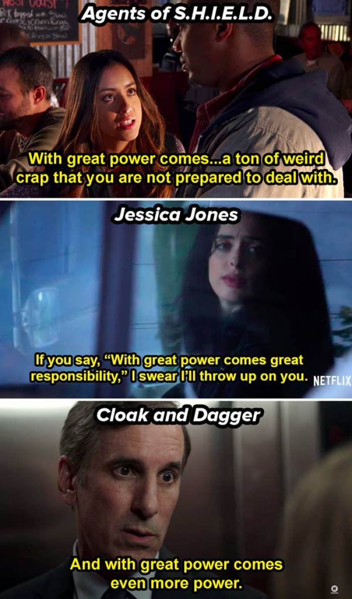 61. The MCU TV shows have a running gag where they mess up the famous Spider-Man quote: 