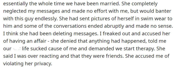 He asked his wife, but she denied having an affair and suggested they go to couples therapy: