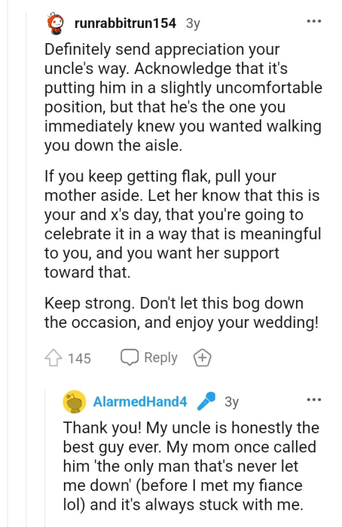 The OP already chose who she wants to walk her down the aisle