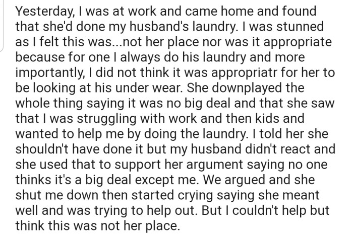 OP came home one day to realize that her sister had done her husband's laundry. This caused a heated argument between both sisters, as OP felt is wasn't in her sister's place to do her husbands laundry