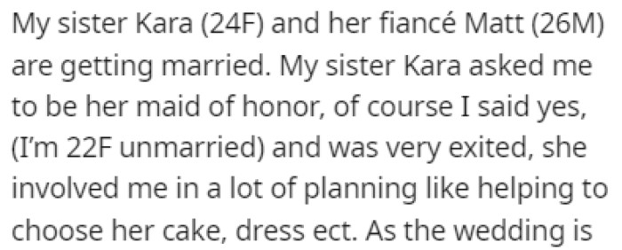 OP's sister is getting married soon, and she asked OP to be her maid of honor