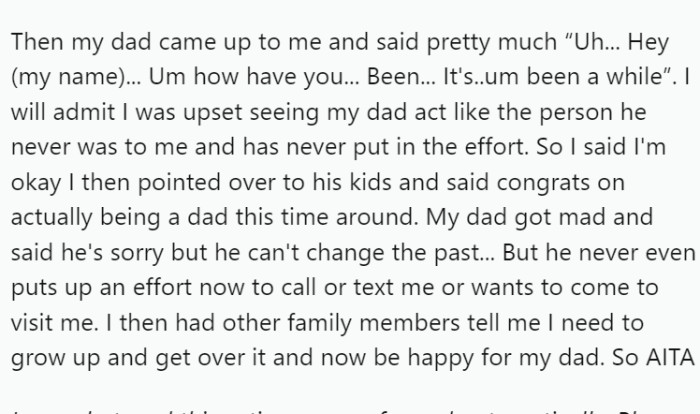 During her great-grandmother's 100th birthday celebration, she decided to attend despite knowing her estranged father would be there with his new family.