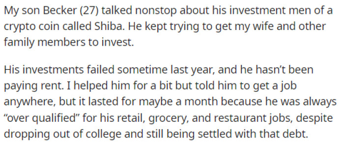 OP starts off his post by explaining what his son has been doing and the problems he is dealing with.