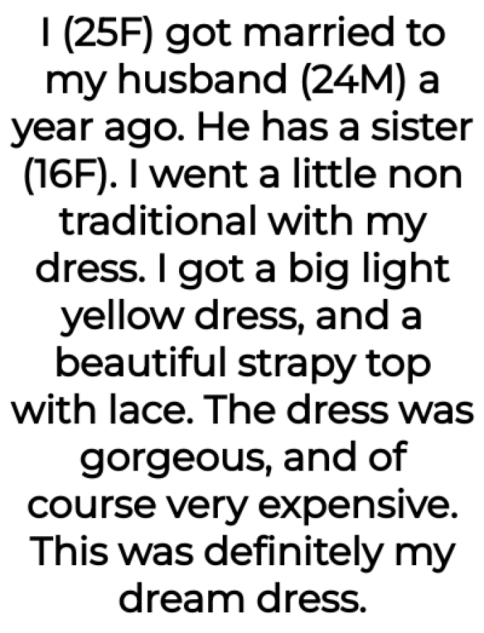 The OP explained she wore a beautiful non-traditional wedding dress: