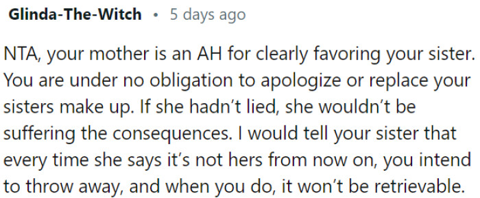 OP has no obligation to apologize or replace her sister's makeup.