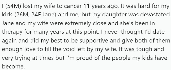 OP, a 54-year-old widower, lost his wife to cancer 11 years ago. He and his children, a 26-year-old son and a 24-year-old daughter