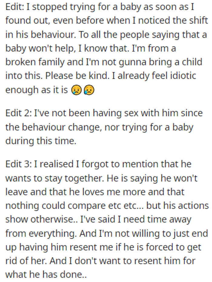 The two are no longer trying for a baby