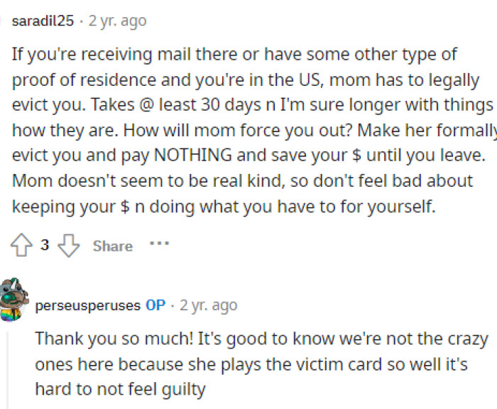 So many people told them what they could do in this situation, and hopefully, they can escape this toxic and controlling roommate-type situation.