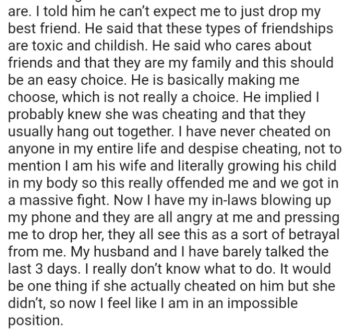 The OP's in-laws are blowing up her phone and they are all angry at the OP and pressing her to drop her best friend