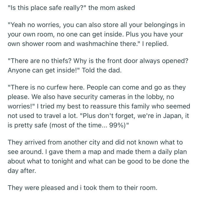 OP tried their best to reassure the family and help them settle in