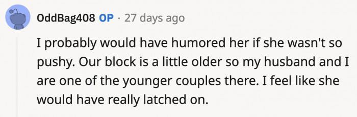 OP says she was worried that if she wasn't direct with her response, the mom would have latched onto her for as long as she could