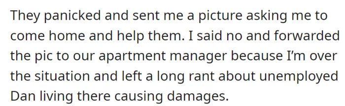 In panic, they sought help for a damaged TV but faced refusal. Frustration over unemployed Dan causing damages was forwarded to the apartment manager.