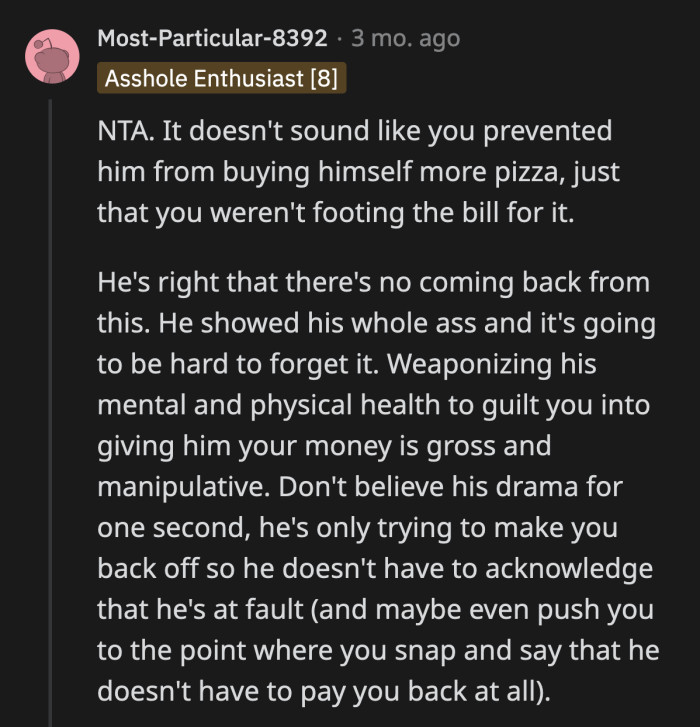 He couldn't spare $9 for a pizza when his girlfriend bought everything else for their concert experience?