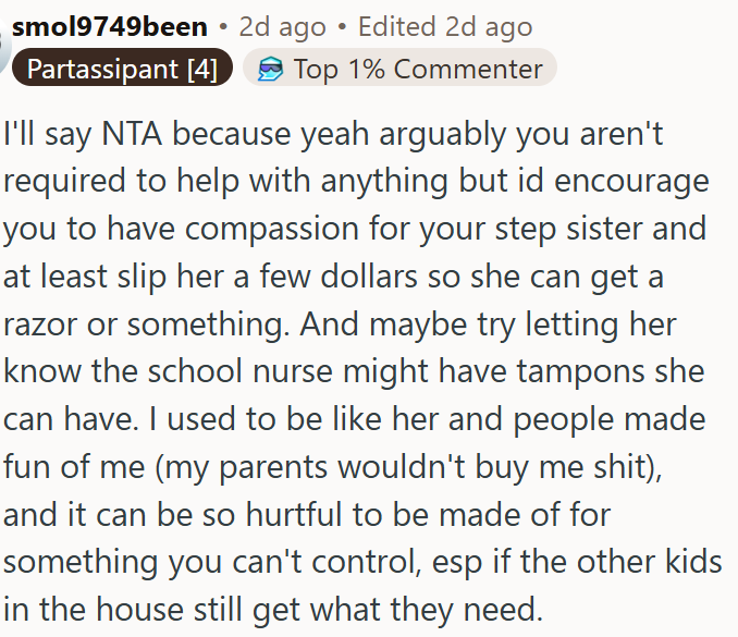 OP isn’t obligated to help, but showing compassion could spare their stepsister embarrassment and hardship.