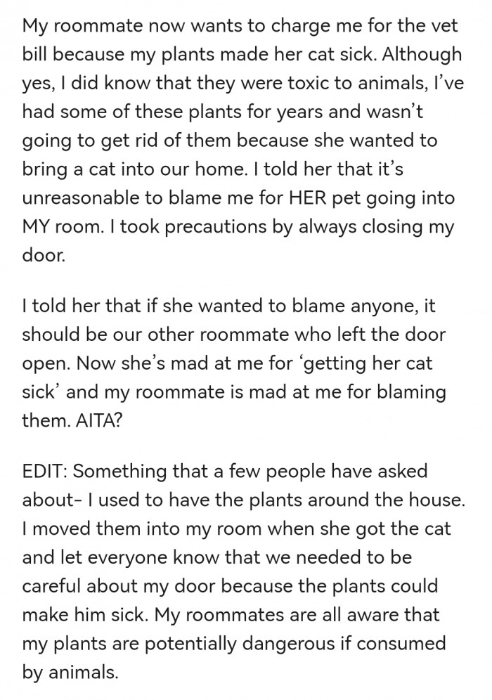 2. OP's plants made her roommate's cat sick, but who's to blame?