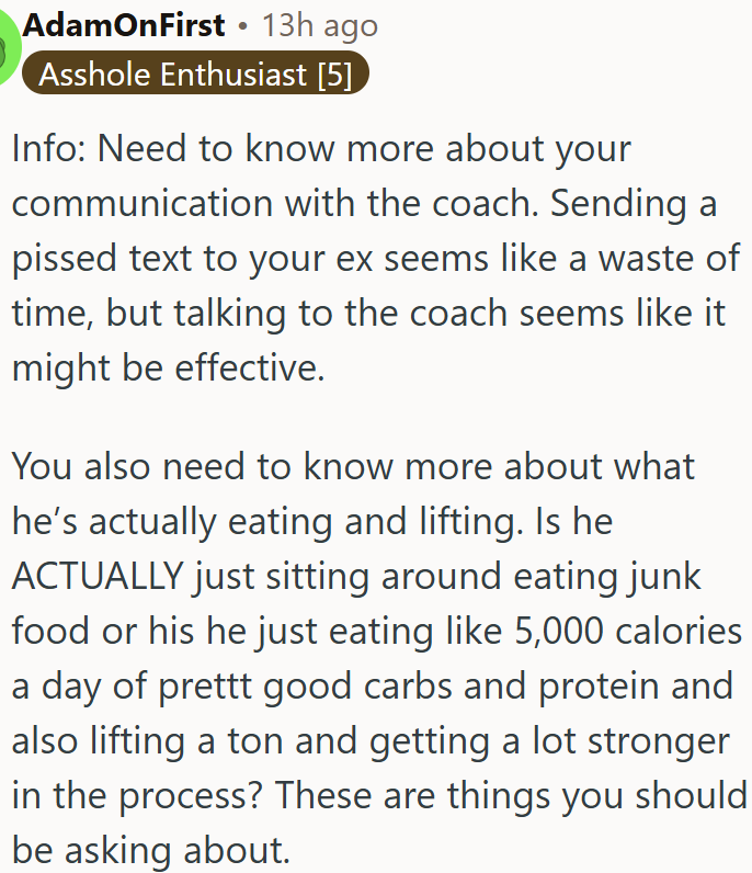 OP needs to ask the coach directly and find out what her son should be eating.