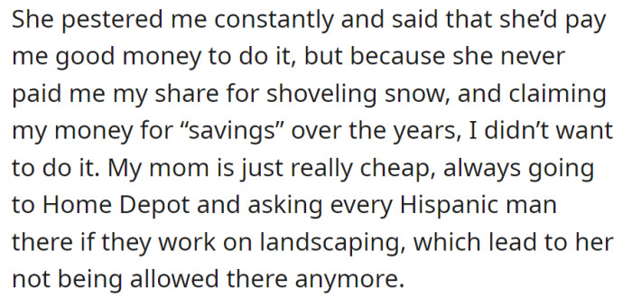 Ignoring constant pleas and unpaid past work, OP refused a task from their stingy mom, banned from Home Depot for seeking cheap labor.