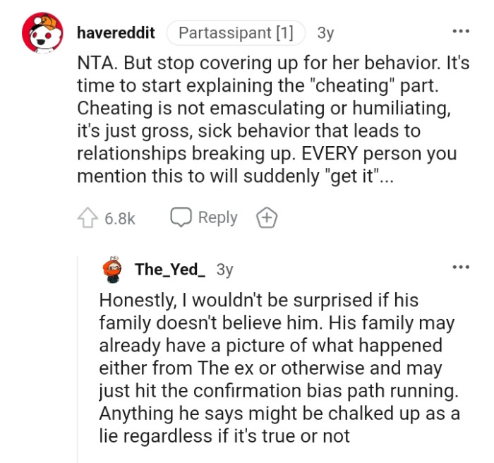Cheating is not emasculating or humiliating