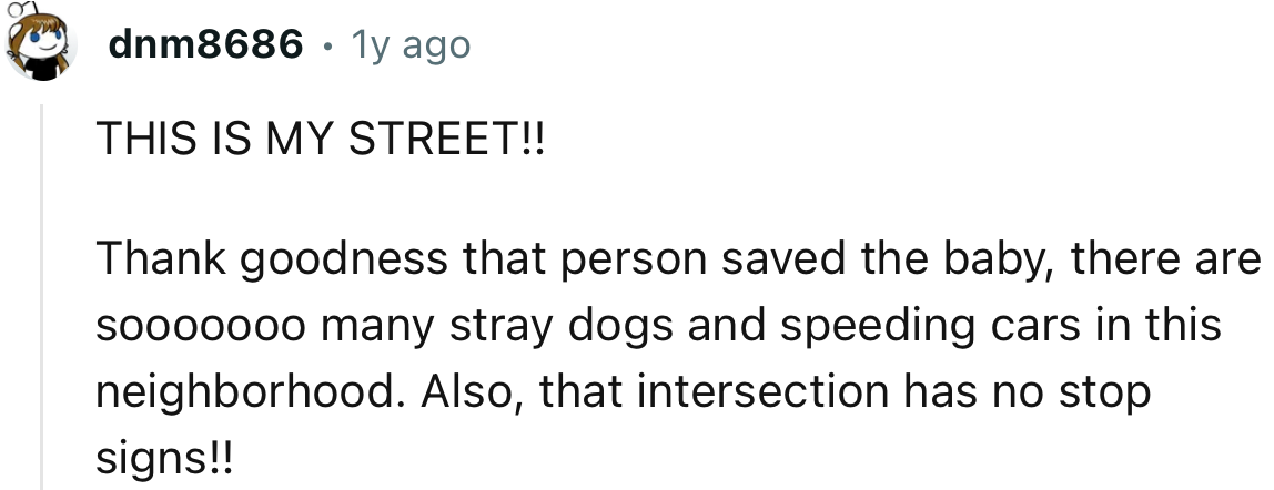 “Thank goodness that person saved the baby; there are so many stray dogs and speeding cars in this neighborhood.”