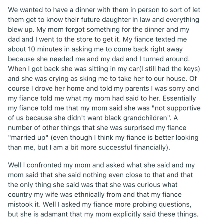 OP’s fiancée accused his mom of making racist statements to her, but his mom vehemently denied