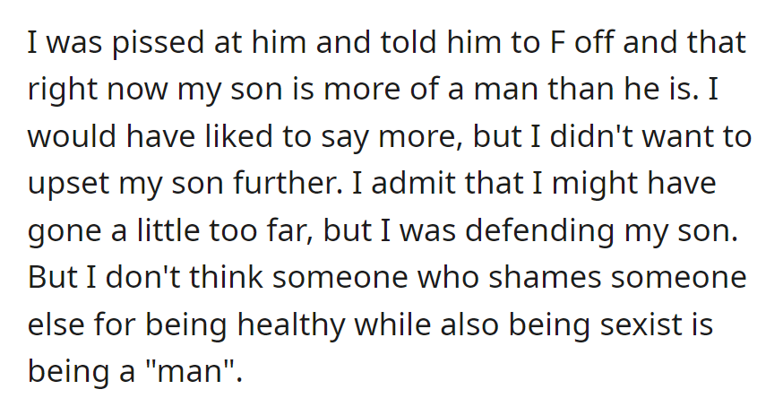 The father defended his son against therapy shaming, asserting his son's maturity over the brother-in-law's sexist remarks.