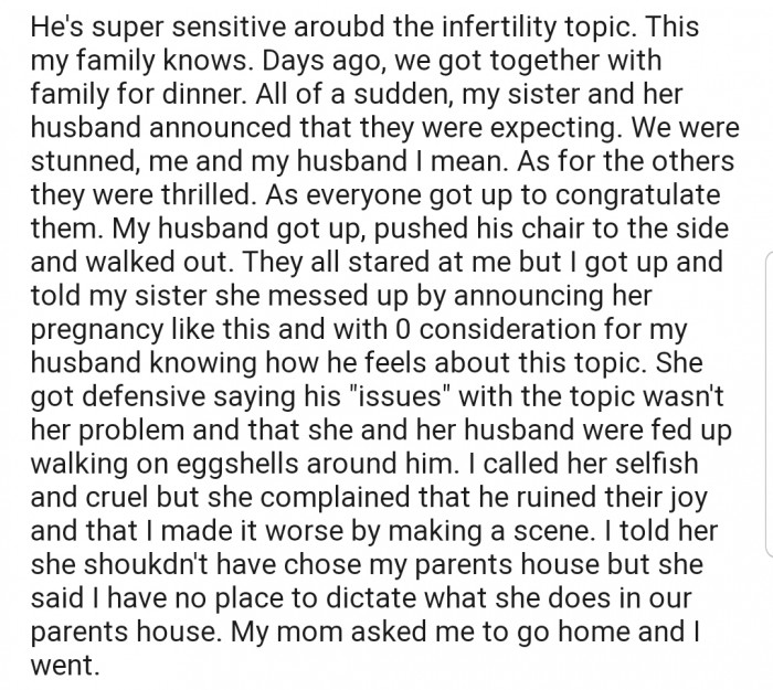 During a family dinner, OP's sister announced that she was having a baby, but it seems not everyone was happy about the news.