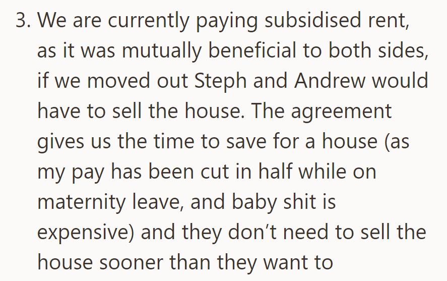 They're paying subsidized rent, which helps them save for a house while allowing Steph and Andrew to delay selling theirs.