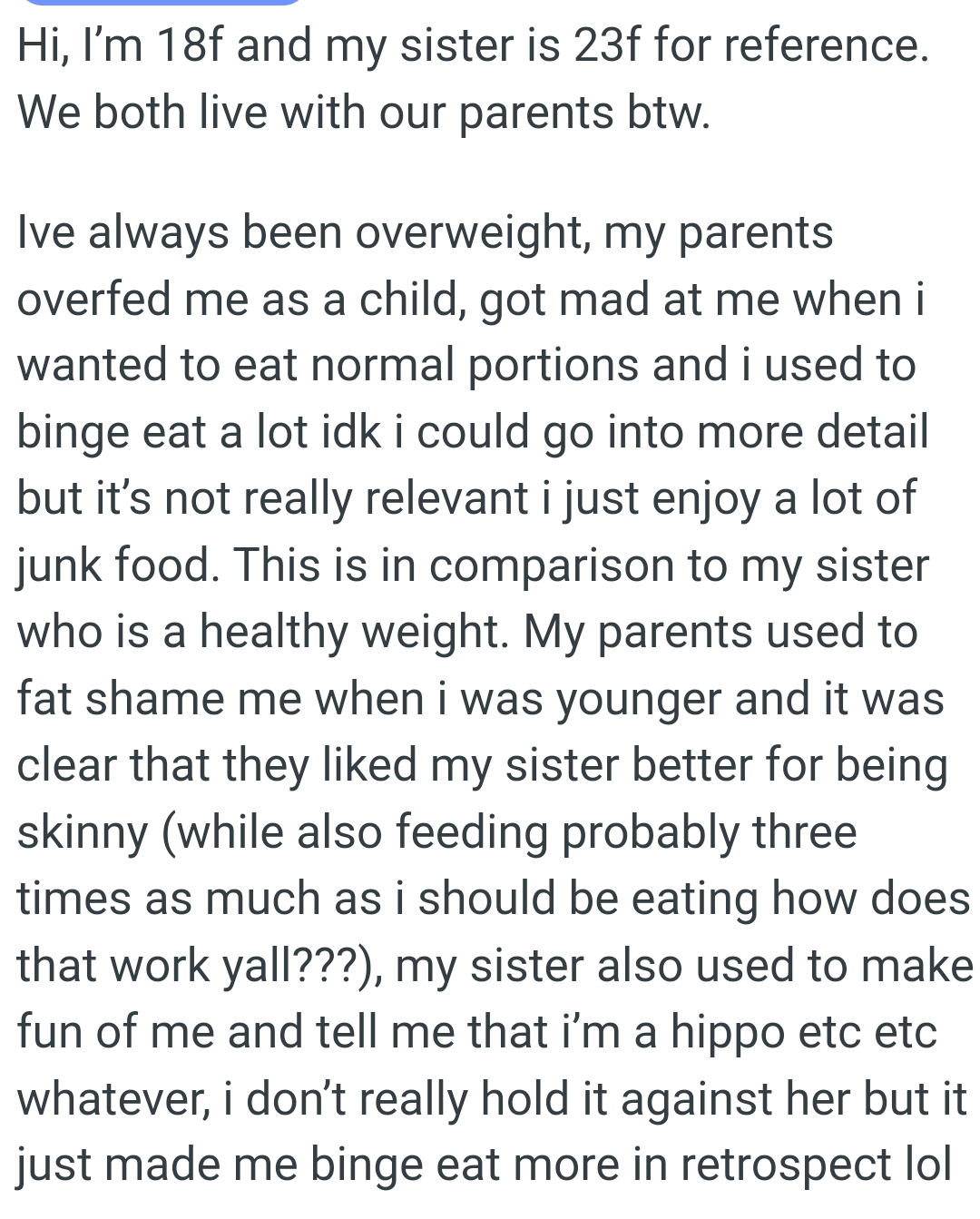 OP's parents used to fat shame her when she was younger