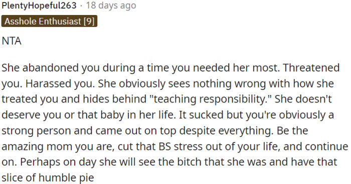 Despite facing abandonment, threats, and harassment during a critical time, OP emerged strong and resilient