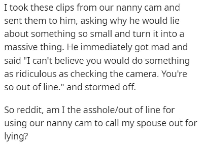 OP sent him the clips from the nanny cam, and he immediately got mad