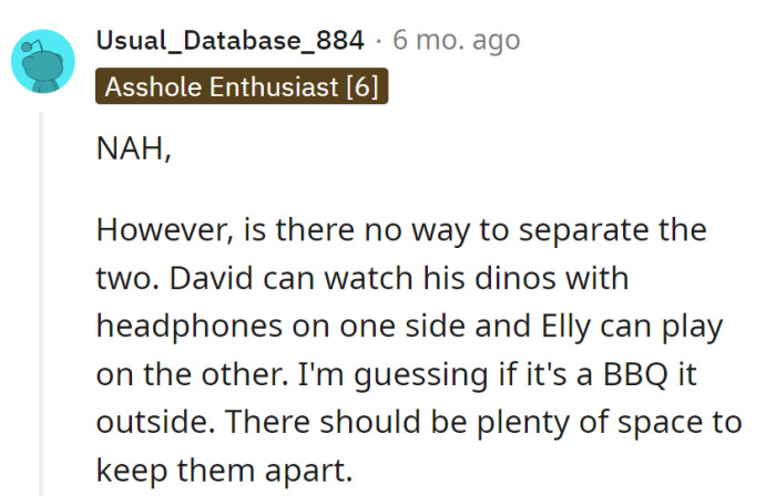 BBQ battleground: David dino-zoning with headphones on, Elly ruling her turf. Outdoor diplomacy, sorted.