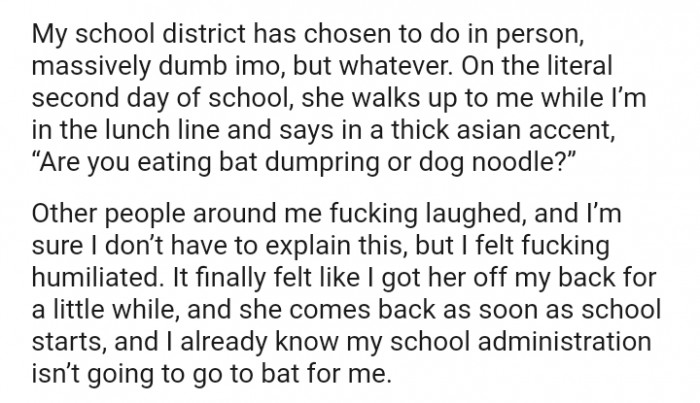 She walks up to the OP in the lunch line and drops another hate comment