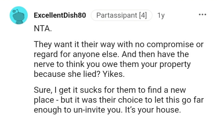 The nerve to think you owe them the property because she lied
