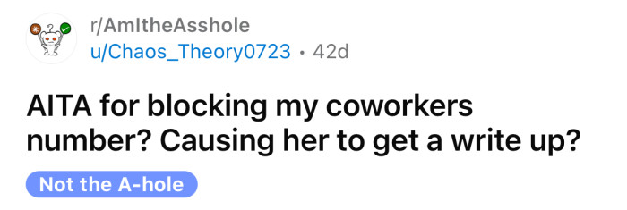 The Redditor asked if she was an a**hole for blocking her coworker's number.