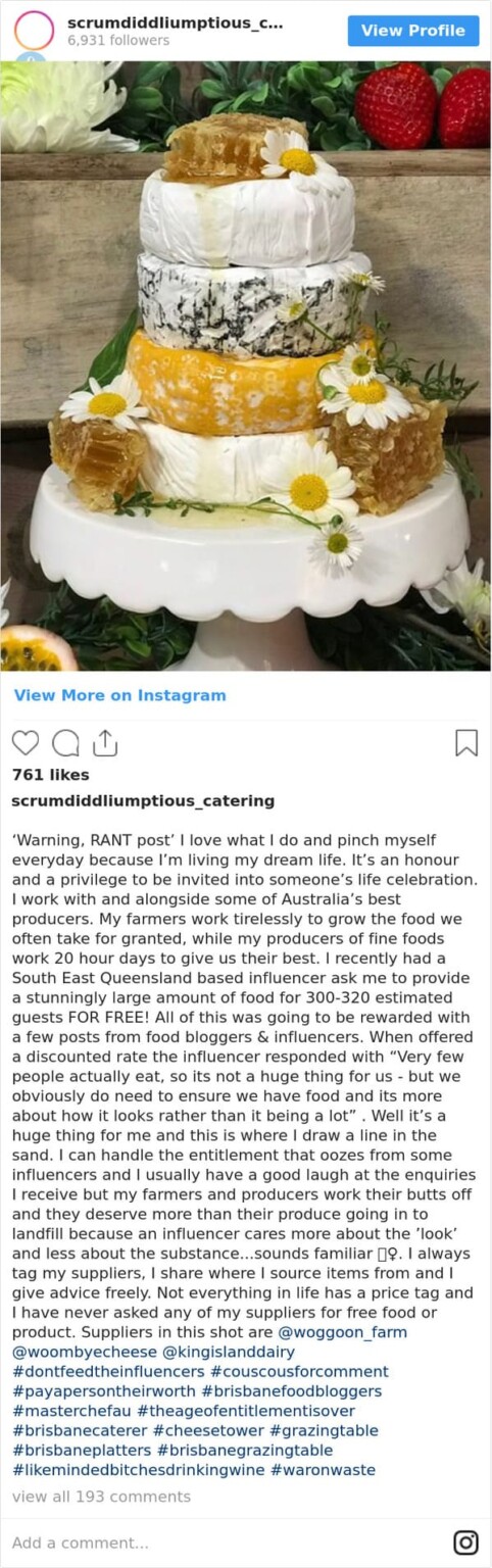 5. An influencer requests free food for 300-320 guests.