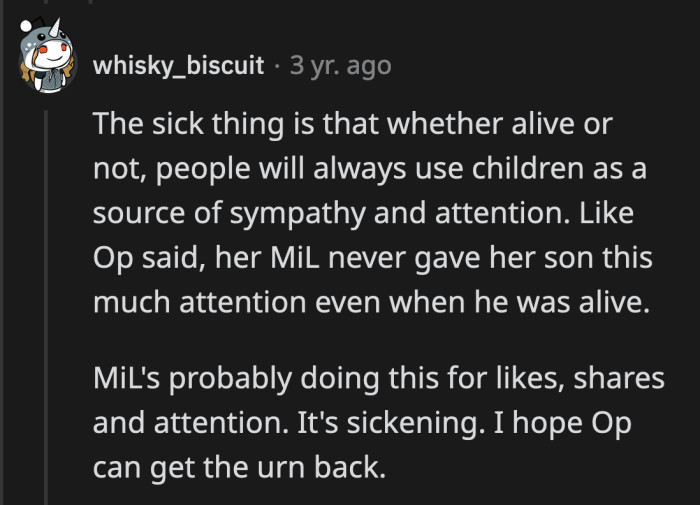 OP's mother-in-law is using the memory of her grandson to gain sympathy from people. She is vile.