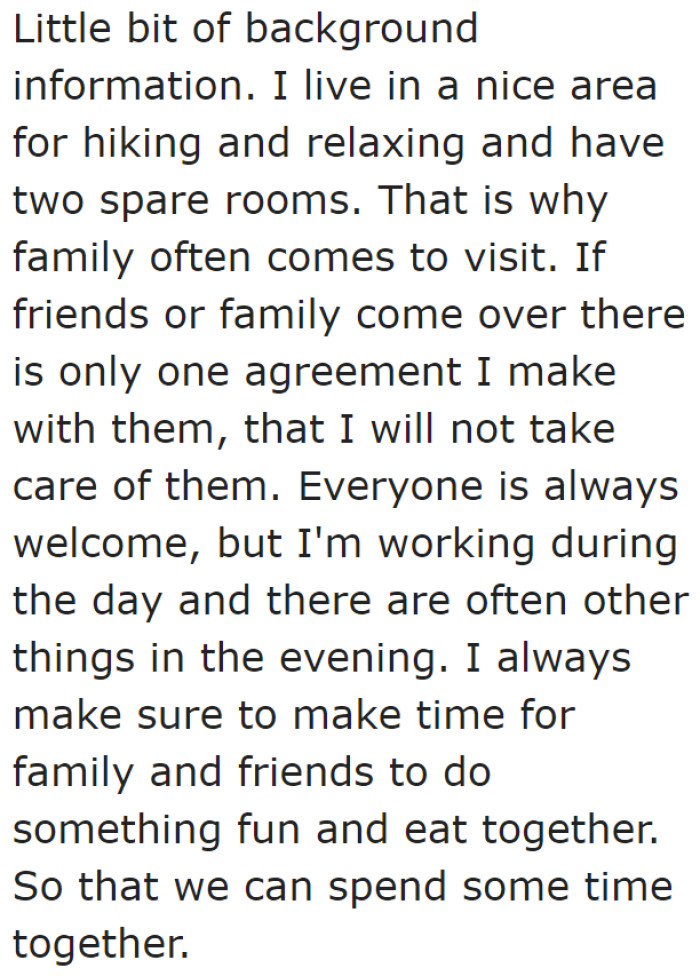 The OP owns a house with spare rooms, so some friends and family stay over during their visit.