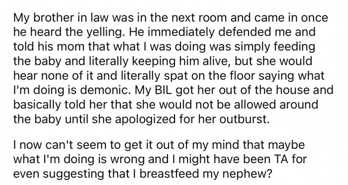 She ends by asking if she's TA for breastfeeding her nephew.