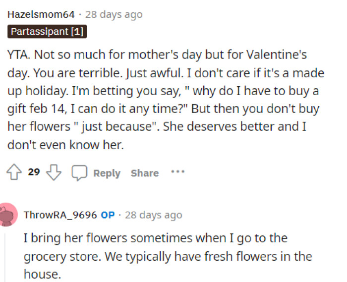 This person had a bigger issue with him not celebrating Valentine's Day rather than celebrating Mother's Day, but either way, he should do better.