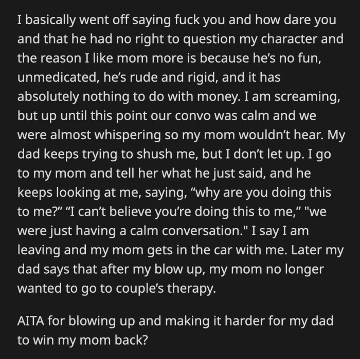 OP raised her voice and cursed her dad for questioning her intent and character.