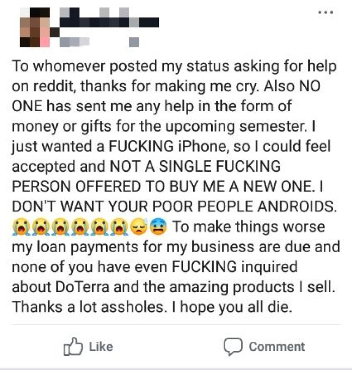 This is the original post where the person clearly screenshotted a Facebook post asking for specific things and help from others.